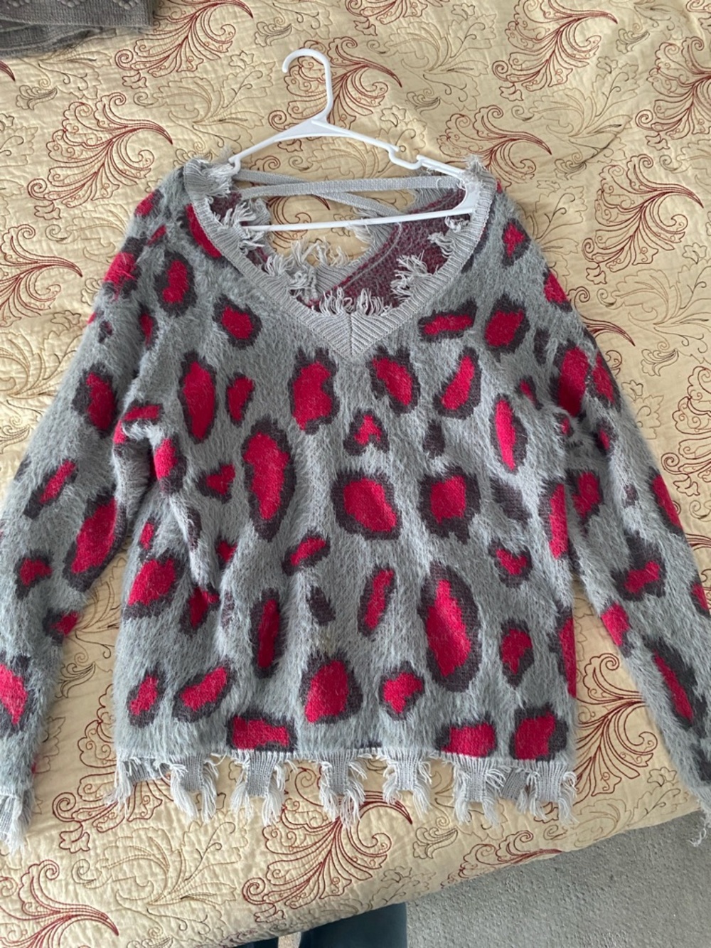 Gray & Hot Pink Leopard-Print Distressed V-Neck Sweater